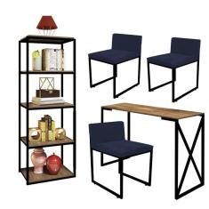Imagem de Kit Escritório Bex 3 Cadeiras Sintético Azul Marinho com 1 Mesa e 1 Livreiro Ferro Preto MDF Freijó - Ahazzo Móveis