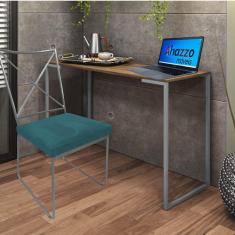 Imagem de Kit Escritório Clark Cadeira e Mesa Industrial Ferro Prata Tampo MDF Carvalho Suede Azul Turquesa - Ahz Móveis