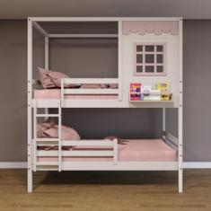 Imagem de Beliche Casinha Reta Com Grade Removível Madeira Maciça Branco/ Rosa H