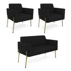 Imagem de Sofá Namoradeira E 2 Poltronas Pé De Ferro Dourado Marisa Linho Preto D03