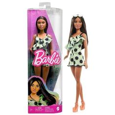 Imagem de Boneca Barbie Fashionistas 200 Morena, Macacão Bolinhas Verde Limão, Óculos e Sapato laranja HPF76 Mattel