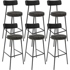 Imagem de Kit 06 Banquetas Alta Bar Cozinha Sala De Jantar Milão L02 Couríssimo Preto Linho Chumbo - Lyam Decor