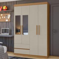 Imagem de Guarda-roupa 4 Portas 2 Gavetas Zeus com espelho Amêndoa Clean/off White