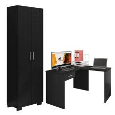 Imagem de Mesa para Computador Gávea com Gaveta e Extensora e Livreiro Office com Portas Grandes Preto Trama - Móveis Leão