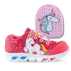 Imagem de Genérico, tenis de led infantil feminino unicornio com luzinha meninas mais mochila Cor:Preto;Tamanho:32;Gênero:Feminino