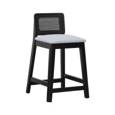 Imagem de Banqueta Média Gabi Madeira Maciça Telinha - Preto Assento Estofado Linho Bege Mescla Impermeável