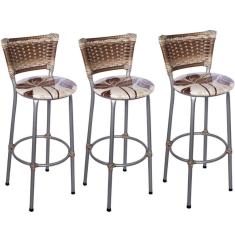 Imagem de Kit 3 Banquetas Altas Prata com Encosto Junco Capuccino Assento Floral Marrom