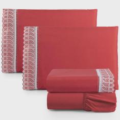 Imagem de Jogo de Lençol Casal 4 Peças Basic Percal 180 Fios Lese Bordado Inglês - Vermelho