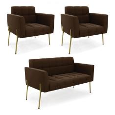 Imagem de Sofá Namoradeira E 2 Poltronas Pé De Ferro Dourado Elisa Suede Marrom D03 - D'rossi