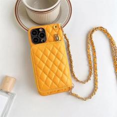 Imagem de Bolsa com alça crossbody para iPhone 15 14 13 12 11 Pro Max com zíper carteira porta-cartões com corrente capa de couro PU, amarela, para iPhone 12