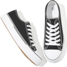 Imagem de Adokoo Tênis feminino de lona, cano baixo, casual, branco, preto, cadarço moderno e confortável, Preto, 35