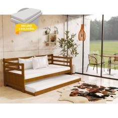 Imagem de Sofá Cama Rústico Madeira Maciça Enjoy Com Auxiliar E 2 Colchões - Imbuia - Cor: Marrom