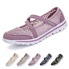 Imagem de Optigard Tênis feminino de malha de renda ajustável, respirável, plano, casual, antiderrapante, leve, confortável, sem cadarço, boca rasa, para mãe, enfermeira, trabalho, sapatos Mary Jane, Roxa, 35