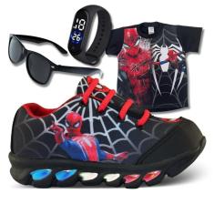 Imagem de tenis de led infantil masculino homem aranha com luzinha meninos mais camisa com relogio e oculos-Masculino