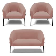 Imagem de Sofá Namoradeira E 2 Poltronas Pé De Ferro Preto Stella Veludo D03 - D`rossi Cor Rose