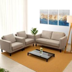 Imagem de Conjunto Sofá 2 Lugares com USB e 2 Poltronas em Linho Antúrio CabeCasa MadeiraMadeira Bege