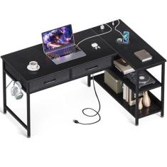 Imagem de Coleshome Mesa de 101 cm em forma de L com 2 gavetas, mesa de computador com portas USB, mesa de escritório com prateleiras de armazenamento, mesa de canto para escritório em casa, mesa pequena para