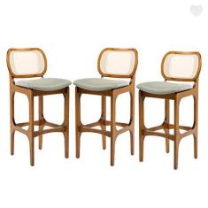 Imagem de Kit 3 Banquetas Alta com Encosto Rattan Decor Madeira Imbuia Linho Ver