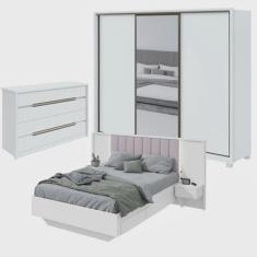 Imagem de Quarto com Guarda-Roupa com Espelho 3 Portas 6 Gavetas, Cômoda Urban 8 Gavetas e Cama Solaris