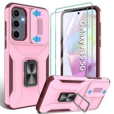 Imagem de Capa para Samsung Galaxy A35 5G com capa deslizante para câmera e protetor de tela (2 peças), capa A35 embutida em anel giratório de 360°, capa protetora de grau militar para capas de telefone Galaxy