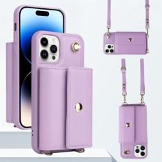 Imagem de Capa carteira com alça de ombro para iPhone 15 Pro Max 14 13 12 11 Pro Max 15 Plus 14 Plus Capa traseira com cordão para cartão de couro, roxo claro, para iPhone 14 Plus