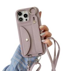 Imagem de Capa de telefone crossbody com alça de pulso para iPhone 13 12 Mini 15 14 11 Pro XS Max XR 7 8 Plus Porta cartão Carteira com cordão capa de couro, roxo claro, para iPhone 15 Plus