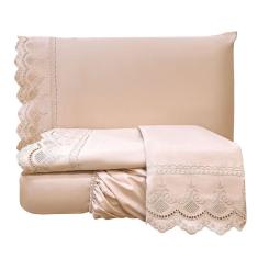 Imagem de Jogo De Cama Lençol Realce Queen 4 Peças Percal 300 Fios Bordado Inglês Macio - Rosê