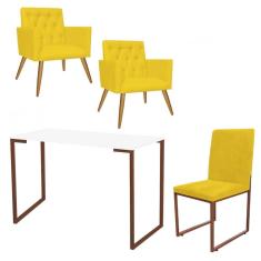 Imagem de Kit Escritório Stan 2 Poltronas Capitonê com Cadeira e Mesa Industrial Branco Bronze Suede Amarelo - Ahz Móveis
