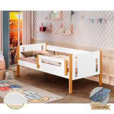 Imagem de Cama Infantil Com Colchão Mirela Com Grade De Proteção Branco/Amêndoa + Luminária Led - Cor: Branco
