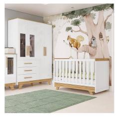 Imagem de Quarto de Bebê com Berço e Guarda-roupa com Janelas 100% Mdf Retrô Kakau Espresso Móveis Branco Brilho/Amêndoa