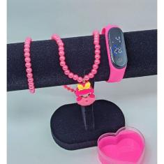 Imagem de Kit Relógio Infantil Digital Led Bracelete Prova água Menina + Colar Pulseira Miçangas Pingente Urso Coelho Flor