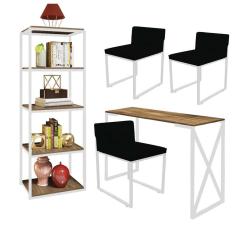 Imagem de Kit Escritório Bex 3 Cadeiras Suede Preto com 1 Mesa e 1 Livreiro Ferro Branco MDF Imbuia - Ahazzo Móveis