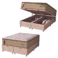 Imagem de Cama Box Baú Casal King Colchão Molas Guarda Costas Max Com Pillow 193x203x81cm Suede Bege/branco