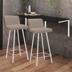 Imagem de Kit Mesa Suspensa de Parede Fixa MDF Preto + 2 Banquetas Lexi Ferro Branco Sintético Bege - Ahazzo Móveis