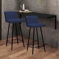 Imagem de Kit Mesa Suspensa de Parede Fixa MDF Preto + 2 Banquetas Lexi Ferro Preto Sintético Azul Marinho - Ahazzo Móveis