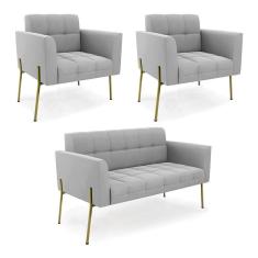 Imagem de Sofá Namoradeira E 2 Poltronas Pé De Ferro Dourado Elisa Suede D03 - D'rossi Cor Cinza