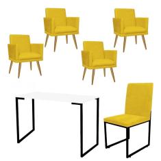 Imagem de Kit Escritório Stan 4 Poltronas Rodapé com Cadeira e Mesa Industrial Branco Preto Tecido Sintético Amarelo - Ahz Móveis