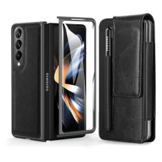 Imagem de Capa de couro 2 em 1 para Samsung Galaxy Z Fold 5 4 3 Fold4 Fold5 5G Capa de telefone retrô com porta-caneta coldre de cinto (sem caneta), preta, para Galaxy Z Fold4