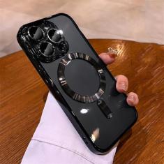 Imagem de Chapeamento macio tpu lente completa proteger caso para iphone 15 14 13 12 11 pro max plus magnético de carregamento sem fio capa clara, preto, para iphone 13