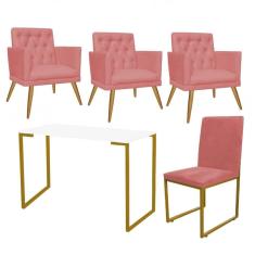 Imagem de Kit Escritório Stan 3 Poltronas Maria e Cadeira e Mesa Industrial Branco Dourado Suede Rose Gold - Ahz Móveis