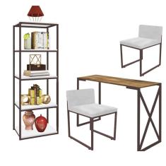 Imagem de Kit Escritório Bex 2 Cadeiras Corino Branco com 1 Mesa e 1 Livreiro Ferro Marrom MDF Caramelo - Ahazzo Móveis