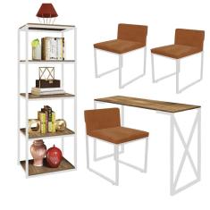 Imagem de Kit Escritório Bex 3 Cadeiras Suede Terracota com 1 Mesa e 1 Livreiro Ferro Branco MDF Caramelo - Ahazzo Móveis