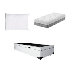 Imagem de Cama Box Baú Martin Premium com Colchão Solteiro Sublime Mola Ensacada e Espuma Viscoelástica (32x88x188) e Travesseiro Guldi Soft Nasa Branco