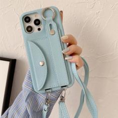 Imagem de Capa de telefone crossbody com alça de pulso para iPhone 13 12 Mini 15 14 11 Pro XS Max XR 7 8 Plus Porta-cartões Capa de couro com cordão, azul celeste, para iPhone 12Pro Max