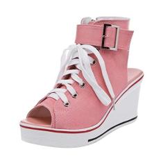 Imagem de OCHENTA Tênis feminino moderno de lona Peep Toe com salto plataforma, rosa, 38