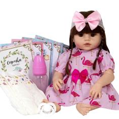 Imagem de Boneca Tipo Reborn Linda Cabelos Castanhos Enxoval 13 Itens
