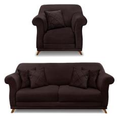 Imagem de Kit Poltrona E Sofá Living 2 Lugares 1,80M Vênus Suede Marrom Café Pés