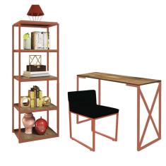 Imagem de Kit Escritório Bex 1 Cadeira Suede Preto com 1 Mesa e 1 Livreiro Ferro Bronze MDF Caramelo - Ahazzo Móveis