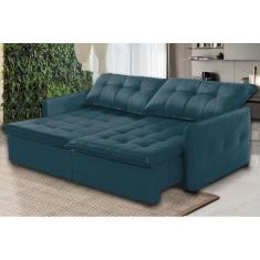 Imagem de Sofá Cama Casal 4 Lugares Retrátil 230 Cm Braço Fino Mola Bonnel Evolution Veludo Azul - Grandellar