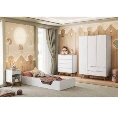 Imagem de Quarto de Bebê Montessoriano Completo com Cama,  Cômoda, Guarda roupa e mesa de cabeceira  Retrô Sonhare Branco